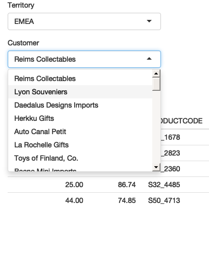 I select "EMEA" (left), then "Lyon Souveniers" (middle), then (right) look at the orders. See live at .