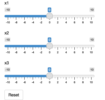 The app on load (left), after dragging some sliders (middle), then clicking reset (right). See live at <https://hadley.shinyapps.io/ms-update-reset>.