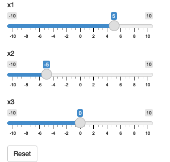 The app on load (left), after dragging some sliders (middle), then clicking reset (right). See live at <https://hadley.shinyapps.io/ms-update-reset>.