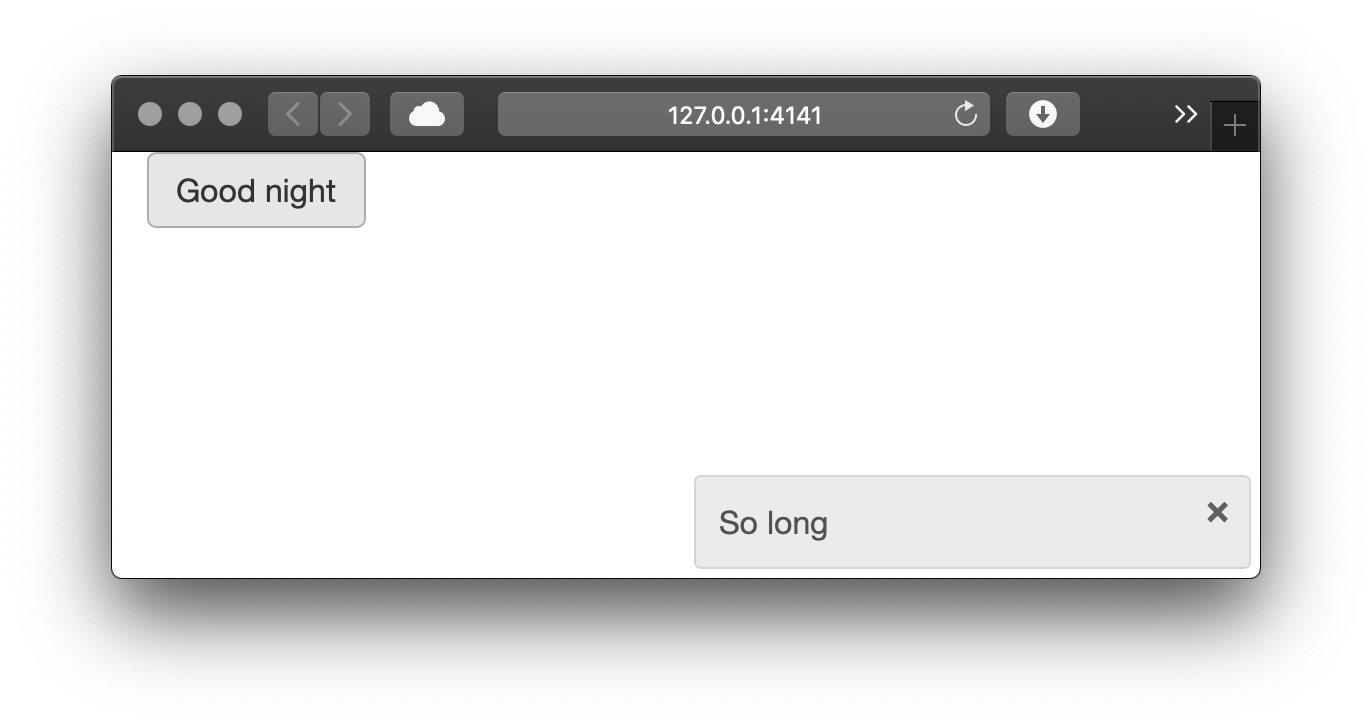 The progression of notifications after clicking 'Good night': the first notification appears, after three more seconds all notifications are shown, then the notifications start to fade away. See live at <https://hadley.shinyapps.io/ms-notify-persistent>.