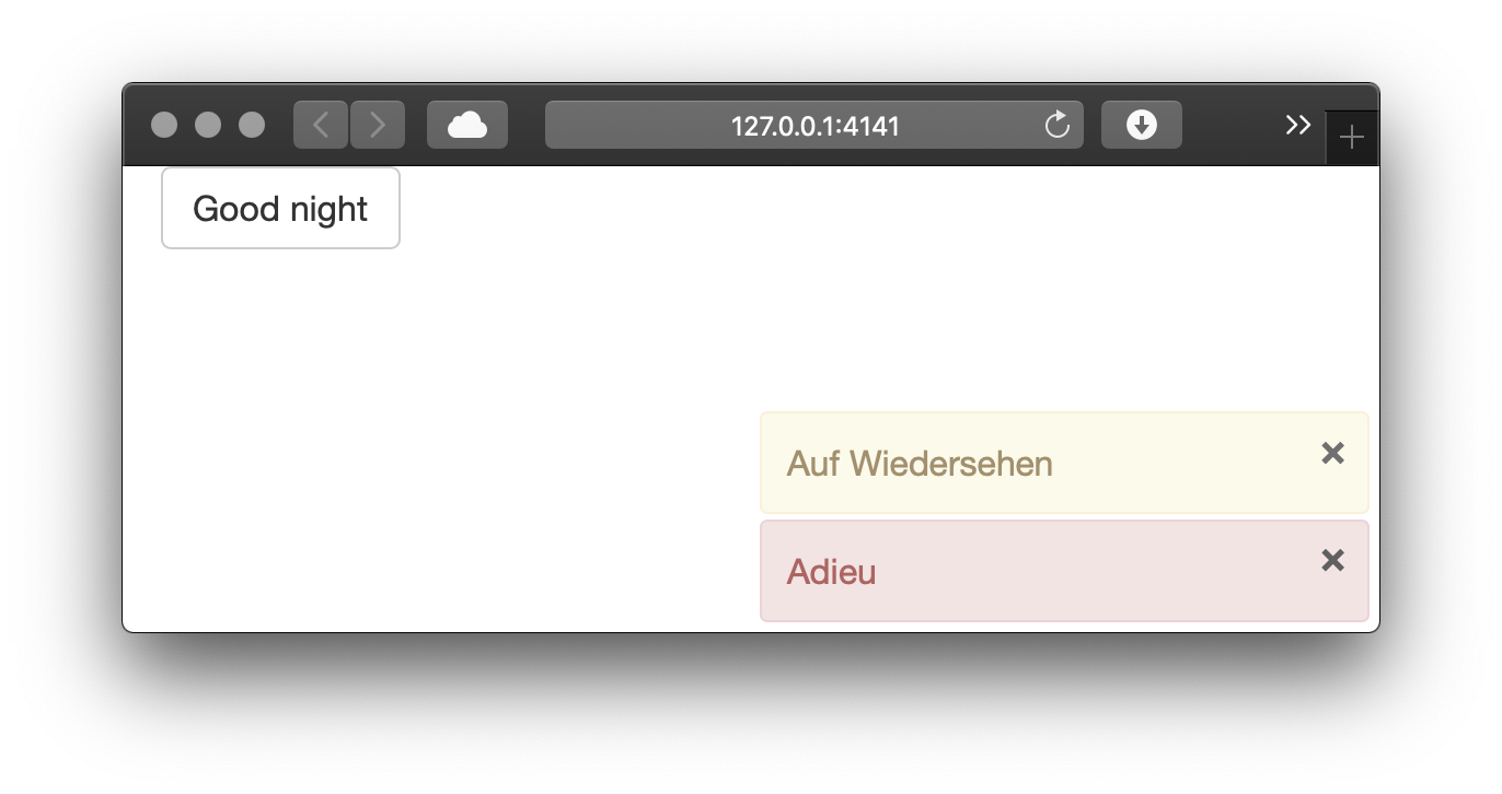 The progression of notifications after clicking 'Good night': the first notification appears, after three more seconds all notifications are shown, then the notifications start to fade away. See live at <https://hadley.shinyapps.io/ms-notify-persistent>.